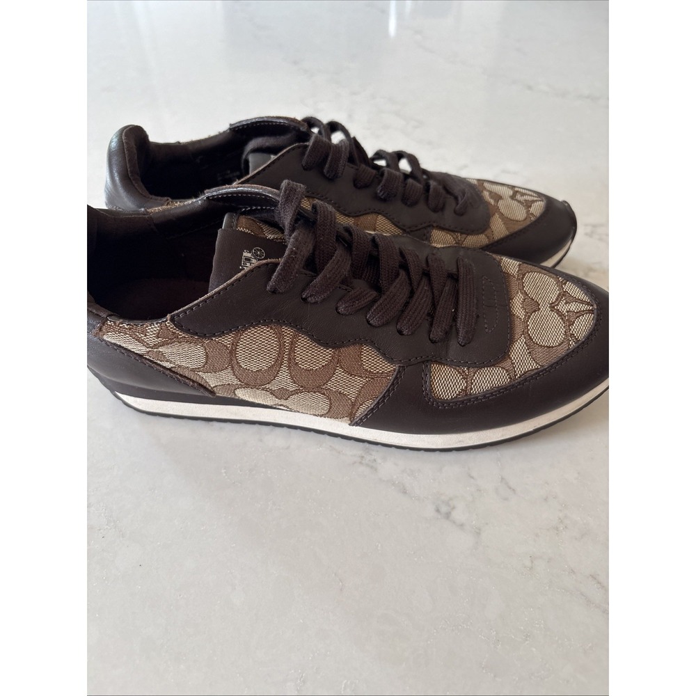 Coach Farrah Signature Jacquard Leather Sneakers Shoes Womens 8 B Brown Lace Up